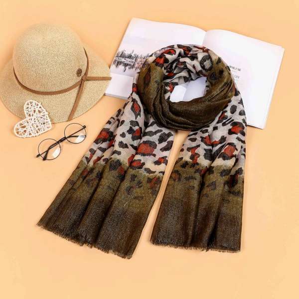 Two Tone Leopard Print Scarf Olive Green
