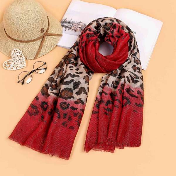 Two Tone Leopard Print Scarf Red