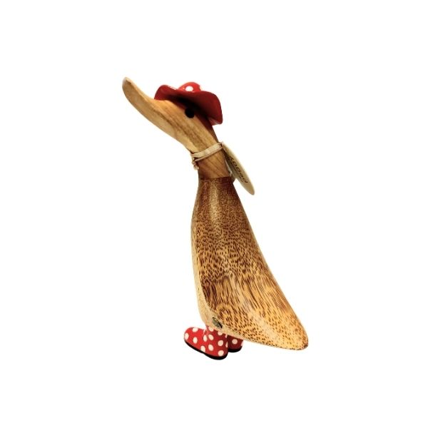 Duckling in a Spotty Red Hat & Welly Boots In Natural Finish