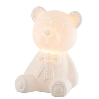 This Teddy Bear Luminaire is simply stunning. Ideal for a nursery or childrens bedroom, this Teddy Bear is an ideal bedside lamp and it is sure to create a soft mood to allow your little ones to drift off to sleep. The Teddy Bear is totally 3D and can sit alone. This is a perfect gift for a New Baby or even for a Child moving into a new home. UK Fittings and USA Fittings now available Safety Instructions indicate that this lamp should not be left unattended Uses an E14 MAX 5 WATT LED Bulb Measures 18cmL x 17cmW x 25cmH